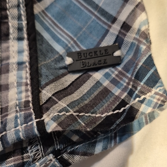 Buckle Black, Long Sleeve Black Label  Blue and Black Plaid Snap Down Mens Shirt - Picture 5 of 16